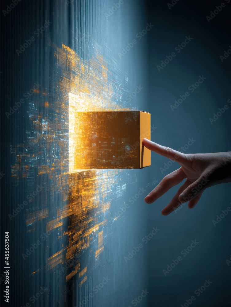 Aufkleber human hand reaching into digital portal to grab floating glowing parcel in futuristic environment ge