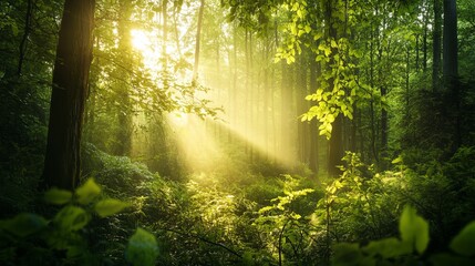 Obraz premium Beautiful Forest Landscape Illuminated by Sunlight Filtering Through Trees in the Early Morning Hours