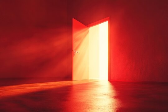 dramatic red tone background with bright open door, light shining through, 3d rendering