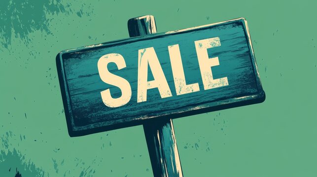 Wooden Sign Displaying a Sale Announcement on a Green Background in a Shopping Area Advertising Discounts to Attract Customers