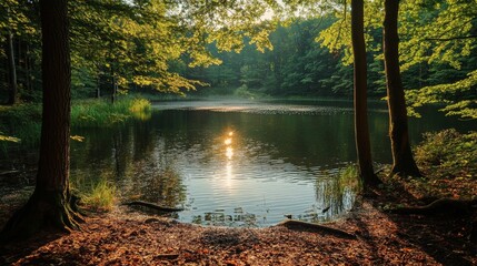 Obraz premium Sunlight Glimmers on a Tranquil Lake Surrounded by Lush Greenery During the Early Morning in a Serene Forest Setting