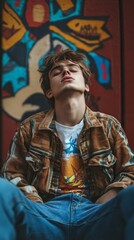 Young man with eyes closed, sitting against a graffiti wall.