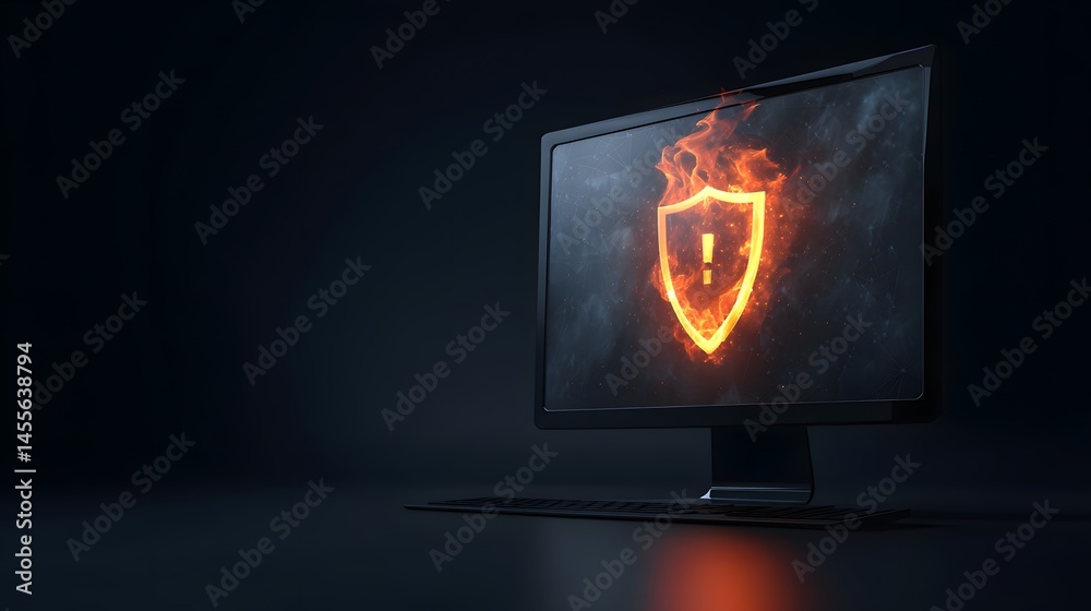 Poster digital shield in flames cybersecurity protection concept computer screen with warning firewall atta