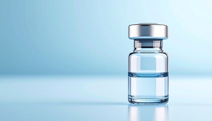 a glass vial filled with liquid on blue background