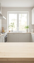 Fototapeta premium Light wood table, empty, Scandinavian kitchen, organic food, minimalist accessory space