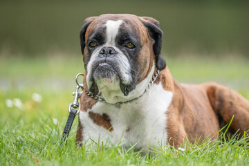 beautiful 3 years old purebred golden brown german boxer dog puppy jumping playing outdoor shooting