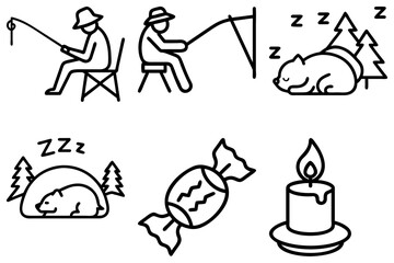 Relaxing Line Art Icons Fishing, Sleeping Animals, Candy, and Candle