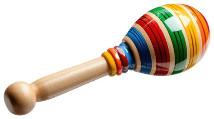 Maracas with vibrant colors: A traditional colorful maraca made of wood with red, yellow, green, and blue stripes, a perfect prop for music performances and party favors.