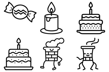 Cute Line Art Icons Candy, Candles, Cakes, and Chimney Characters