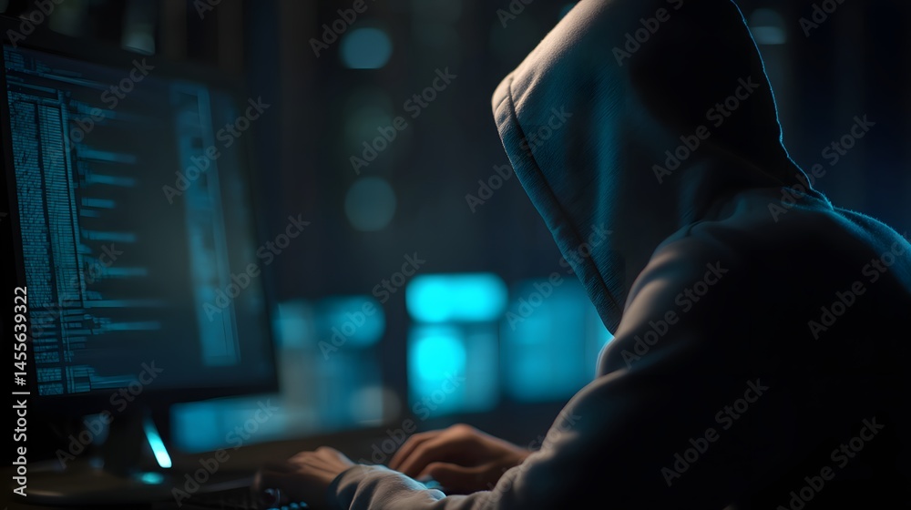 Poster silhouette of a hacker in hoodie with darkening monitor and abstract data coding as a cyber security
