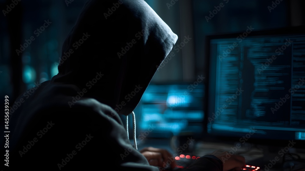 Poster a hacker silhouette working at night decoding encrypted data on computer screens in a dark room cybe