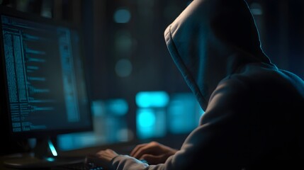 Silhouette of a Hacker in Hoodie with Darkening Monitor and Abstract Data Coding as a Cyber Security Concept