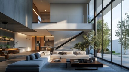 Fototapeta premium Modern Minimalist Living Room With Large Windows and Indoor Plants in a Spacious Architecture Design During Daylight