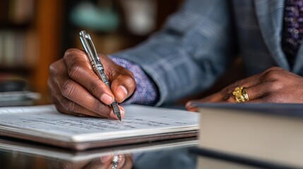 Close-up view of a person writing in a notebook.