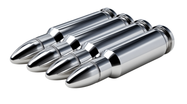 Chrome Bullets: Four gleaming chrome bullets arranged in a close-up shot, reflecting light with a metallic sheen.