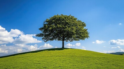 Obraz premium Solitary Tree on a Verdant Hill Under a Blue Sky