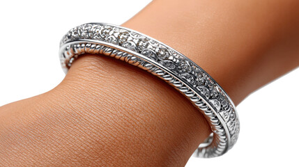 Sparkling Silver Adornment: A captivating close-up showcases an elegant silver bracelet, its intricate design shimmering on a wrist, embodying timeless sophistication and refined style.