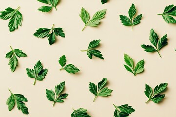 Fresh green leaves in a symmetrical pattern on a pale beige background.  Small, intricate leaves arranged in a repeating design