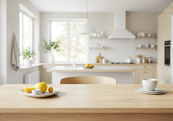 Light wood table, empty, Scandinavian kitchen, organic food, minimalist accessory space