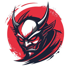 Fierce oni mask logo design on red circle transparent background