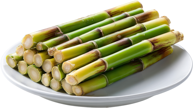 Sugarcane on Dish: Close-up shot of a pile of cut sugarcane stalks on a clean white dish, showcasing their fresh green and yellow hues, ready for consumption and showcasing its natural.
