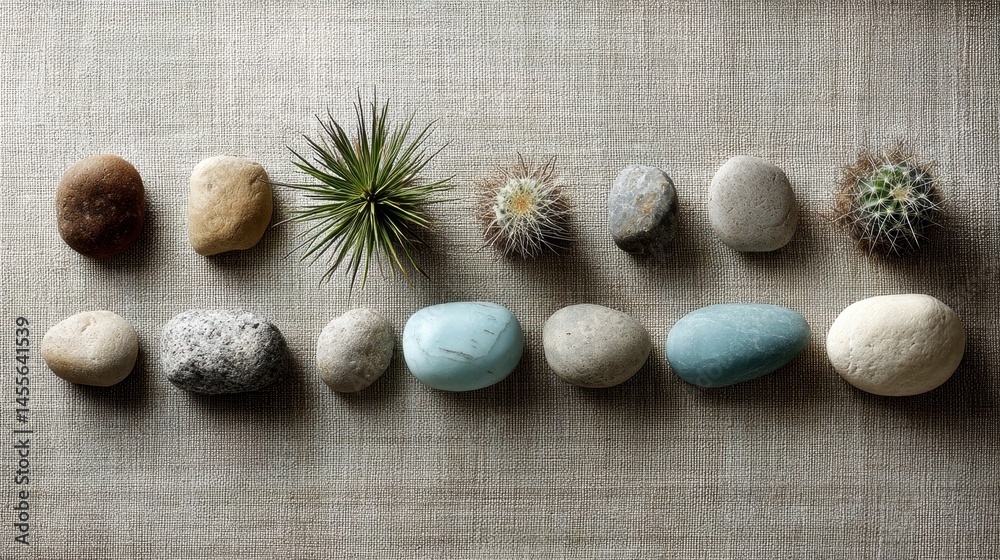 Fototapete A close-up view showcases a colorful array of desert plants and stones set in a geometric layout against a textured linen background, with ample space for text