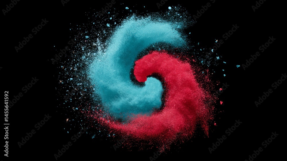 Poster a vibrant cosmic spiral bursts with swirling shades of red and blue, creating a mesmerizing effect o