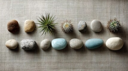 A close-up view showcases a colorful array of desert plants and stones set in a geometric layout against a textured linen background, with ample space for text