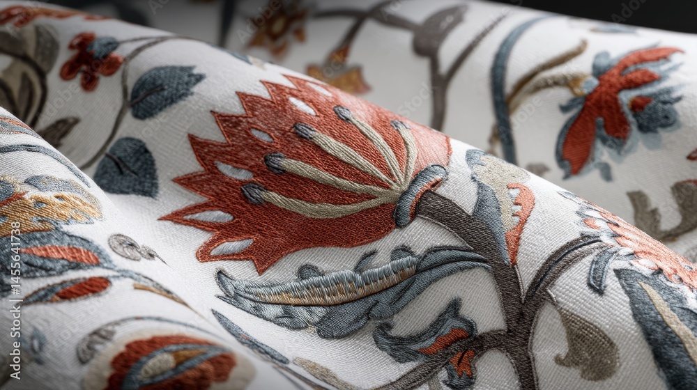 Poster close-up shot features delicate floral embroidery in muted coral tones on soft cotton. warm light en