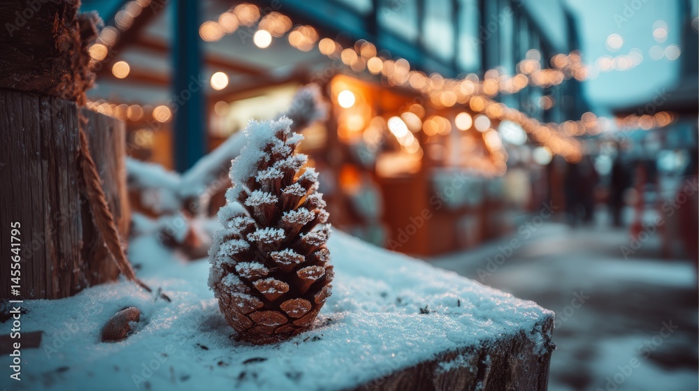 Poster cozy winter decoration features a frosted pine cone resting on a snow-dusted wooden slab, illuminate