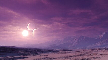 Fototapeta premium Cosmic Dance Of Celestial Bodies Over Purple Mountain Ranges Mysterious Landscapes and Dreamlike Skies A Fantasy Wallpaper Concept Art