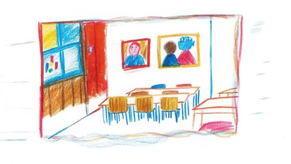 Fototapeta premium Child drawing of classroom interior with desks chairs and wall art decor