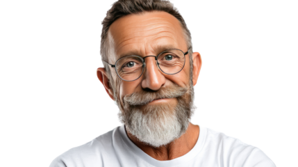 Handsome Senior: A close-up portrait of a smiling senior man with a distinguished beard, glasses, embodying wisdom and contentment, ready for the journey ahead.
