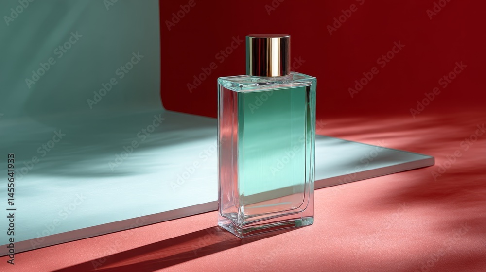 Poster close-up of a transparent misting bottle against a coral background captures clean lines and refresh
