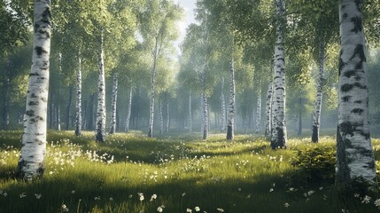 Obraz premium Beautiful Birch Forest With Soft Sunlight Filtering Through Trees in the Early Morning, Creating a Serene and Tranquil Atmosphere