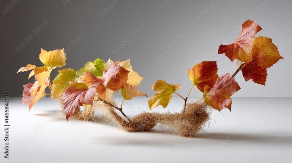Poster a detailed view of a single maple branch with limited leaves, beautifully highlighted by soft natura