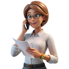 Cartoon business woman professional on phone holding documents vector illustration asset for design projects isolated on transparent background