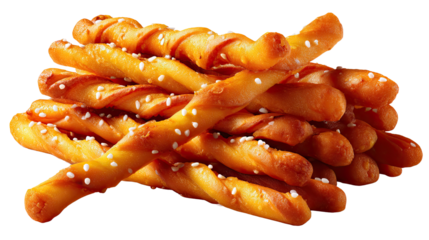 Twisted Pretzel Sticks: A close-up studio shot presents a delicious pile of golden-brown pretzel sticks.