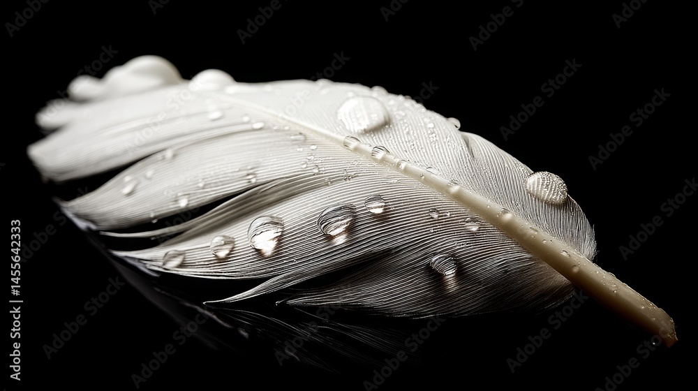 Poster a single white feather, detailed with tiny water droplets, rests on a glossy black surface. the gent