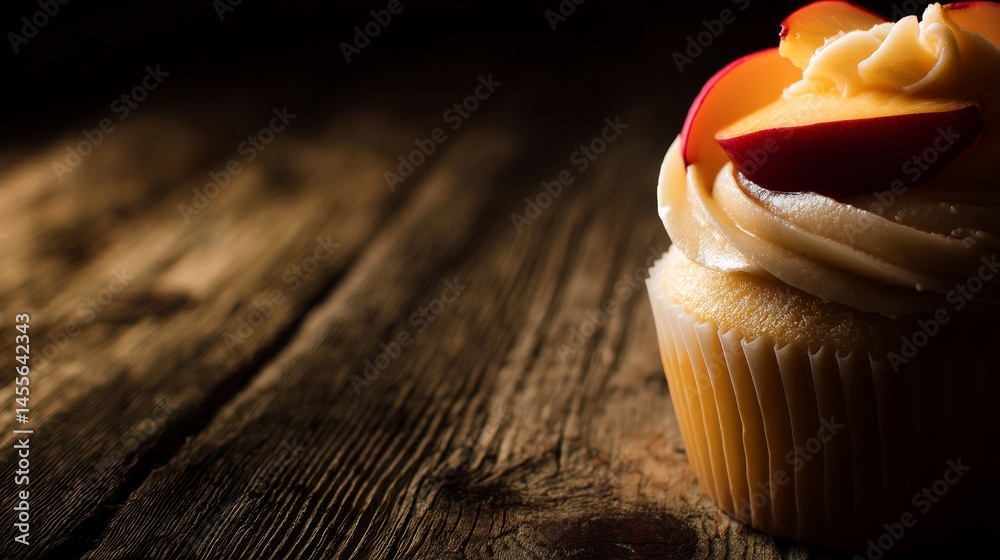 Aufkleber vanilla cupcake topped with fresh peach slices rests on a rustic wooden table, illuminated by warm l