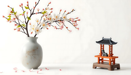 Vase with Plum Blossom and Petals in Minimalist Zen Setting