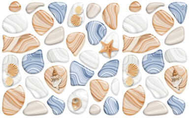 Seamless Pattern of Polished Pebbles, Shells, and Starfish – Coastal Beach Decor Background . Seamless abstract stone Endless pattern can be used for ceramic tile, wallpaper, linoleum, textile.