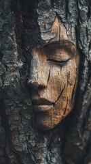 Carved wooden face embedded in tree bark, serene expression.