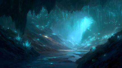 Fototapeta premium A Dreamy Subterranean Realm Where Water Flows Through Glittering Caves Bathed in Azure Light Creating a Fantasy Wallpaper Landscape