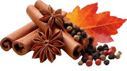 Autumn's Essence: A warm, inviting collection of cinnamon sticks, star anise, peppercorns, and a vibrant autumn leaf. Conjuring the essence of fall's aromas and flavors, capturing the season's warmth.
