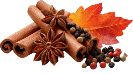 Autumn's Essence: A warm, inviting collection of cinnamon sticks, star anise, peppercorns, and a vibrant autumn leaf. Conjuring the essence of fall's aromas and flavors, capturing the season's warmth.