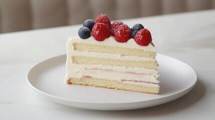 Vanilla cake slice with berries and frosting