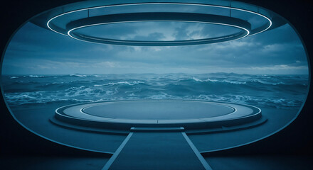 futuristic round podium against the backdrop of the ocean and waves for product presentation or advertising . Generative AI