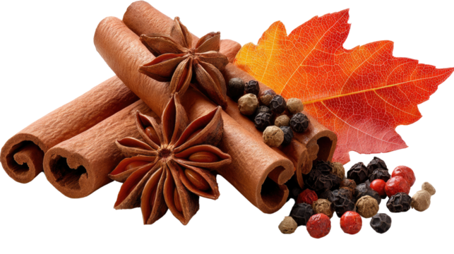 Autumn's Essence: A warm, inviting collection of cinnamon sticks, star anise, peppercorns, and a vibrant autumn leaf. Conjuring the essence of fall's aromas and flavors, capturing the season's warmth.