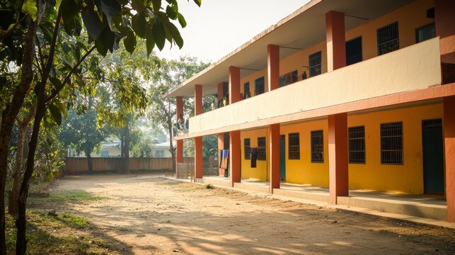 Learning Environment With a Serene Courtyard in a Rural School During the Early Morning Light